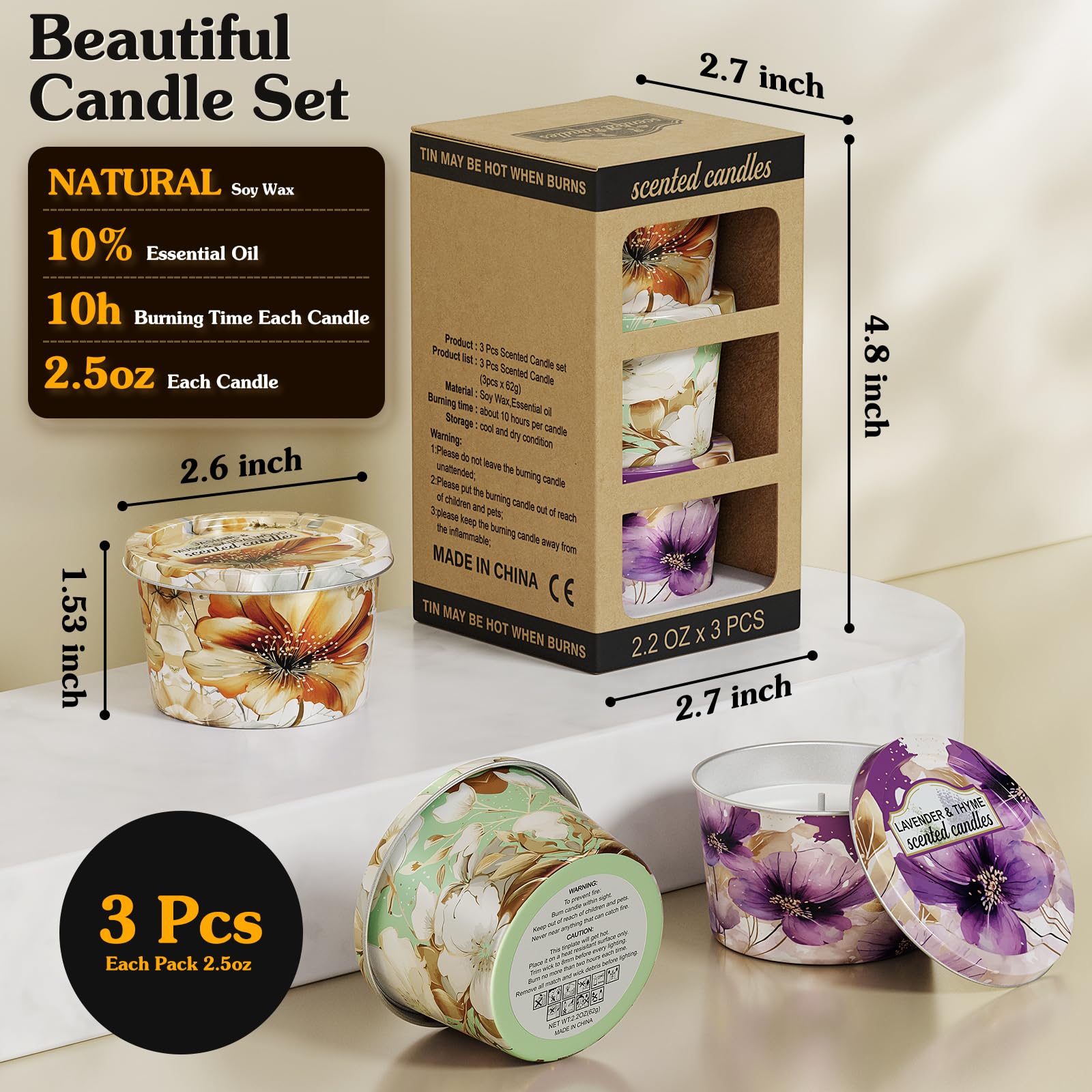 Vortixx 3pack velas aromaterapia jazmín en lata, fragancia floral para meditación.