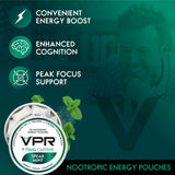 VPR Energy: detalle de la textura suave y diseño de las bolsas nootrópicas.
