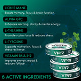 VPR Energy: sabor menta en bolsas para enfoque mental estable.