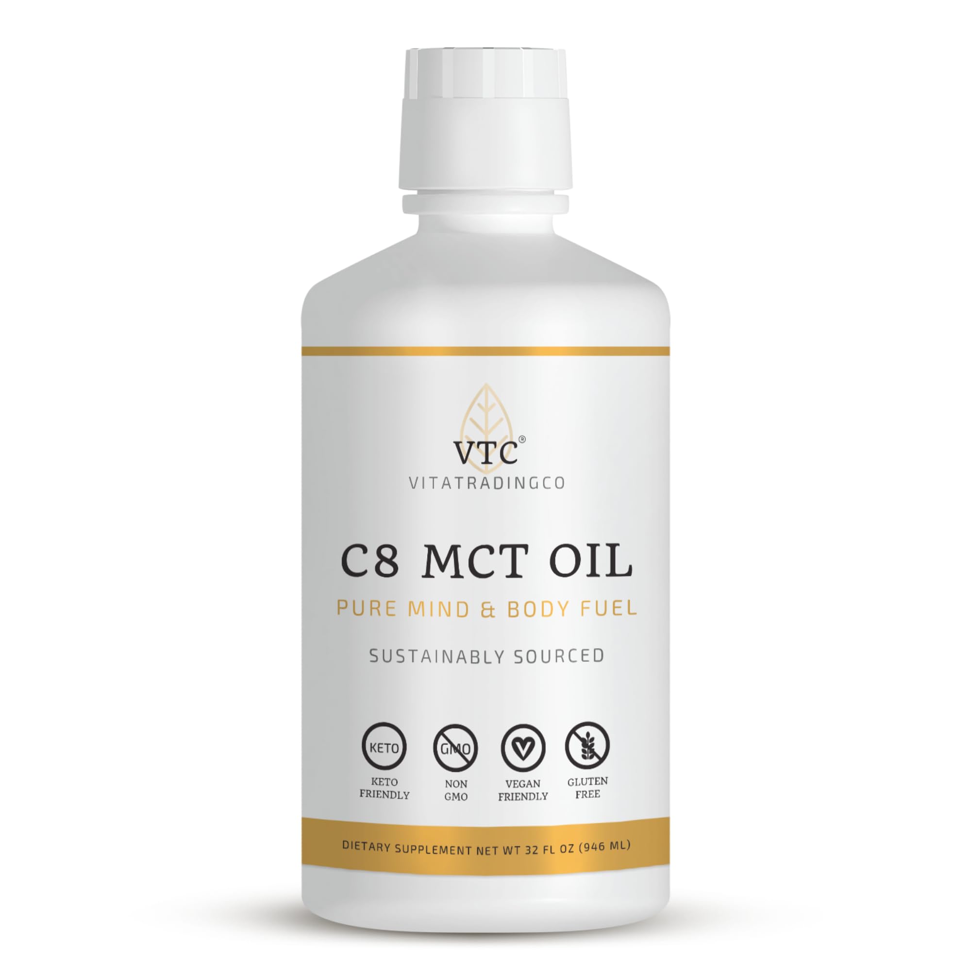 VTC Aceite MCT C8 puro vertido desde la botella para energía rápida.