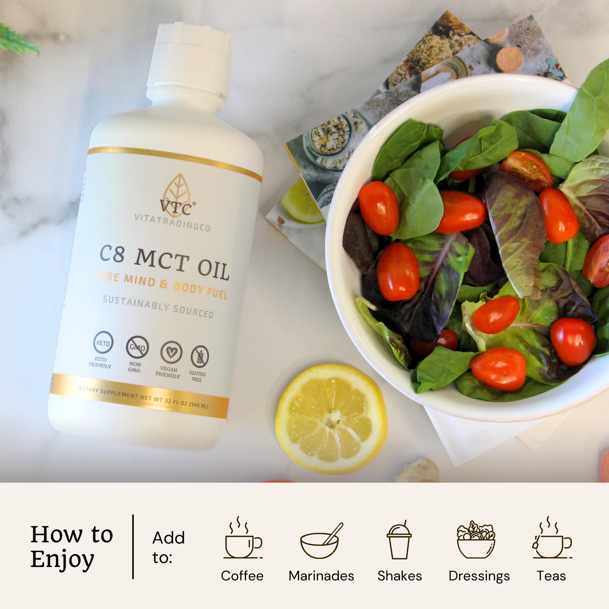 VTC Aceite MCT C8 puro etiqueta que resalta origen sostenible.