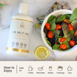 VTC Aceite MCT C8 puro etiqueta que resalta origen sostenible.