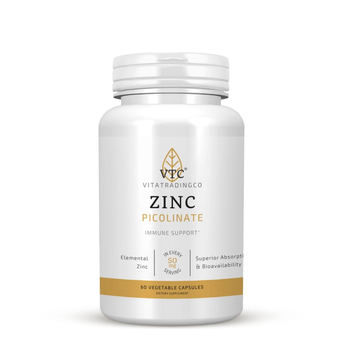 VTC Zinc Picolinato 50 mg en cápsulas vegetales para uso diario y apoyo a la salud.