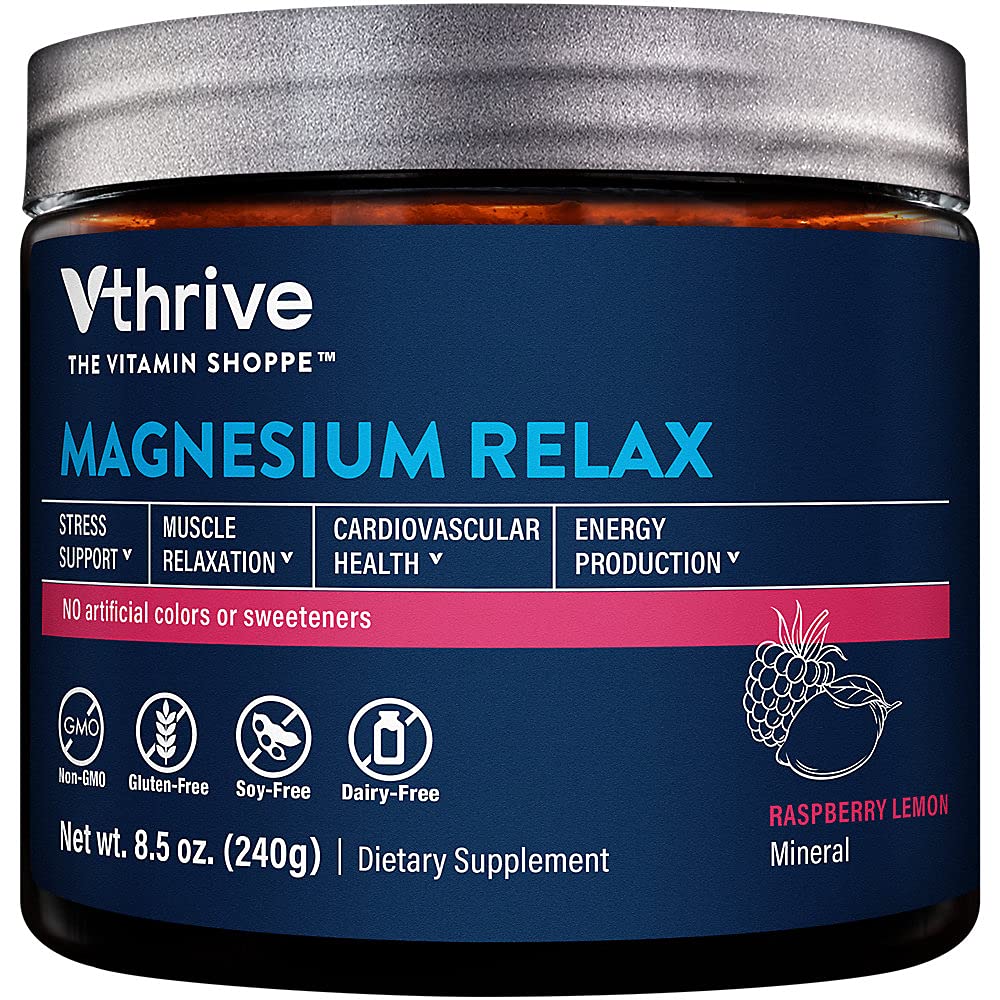 Vthrive Magnesium Relax en botella para uso diario que favorece la relajación muscular.
