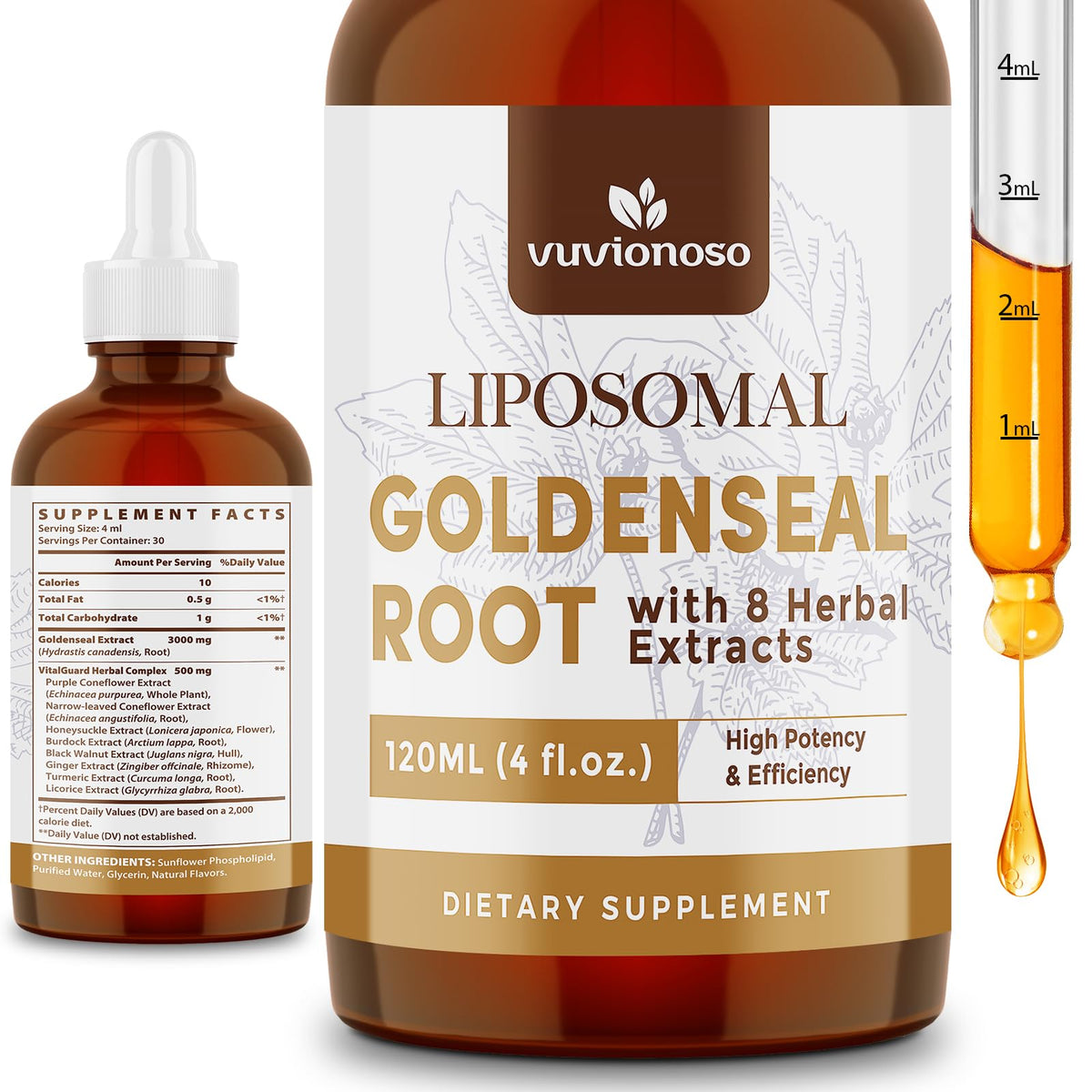 Botella Vuvionoso Goldenseal con gotero para dosis precisas en la rutina diaria