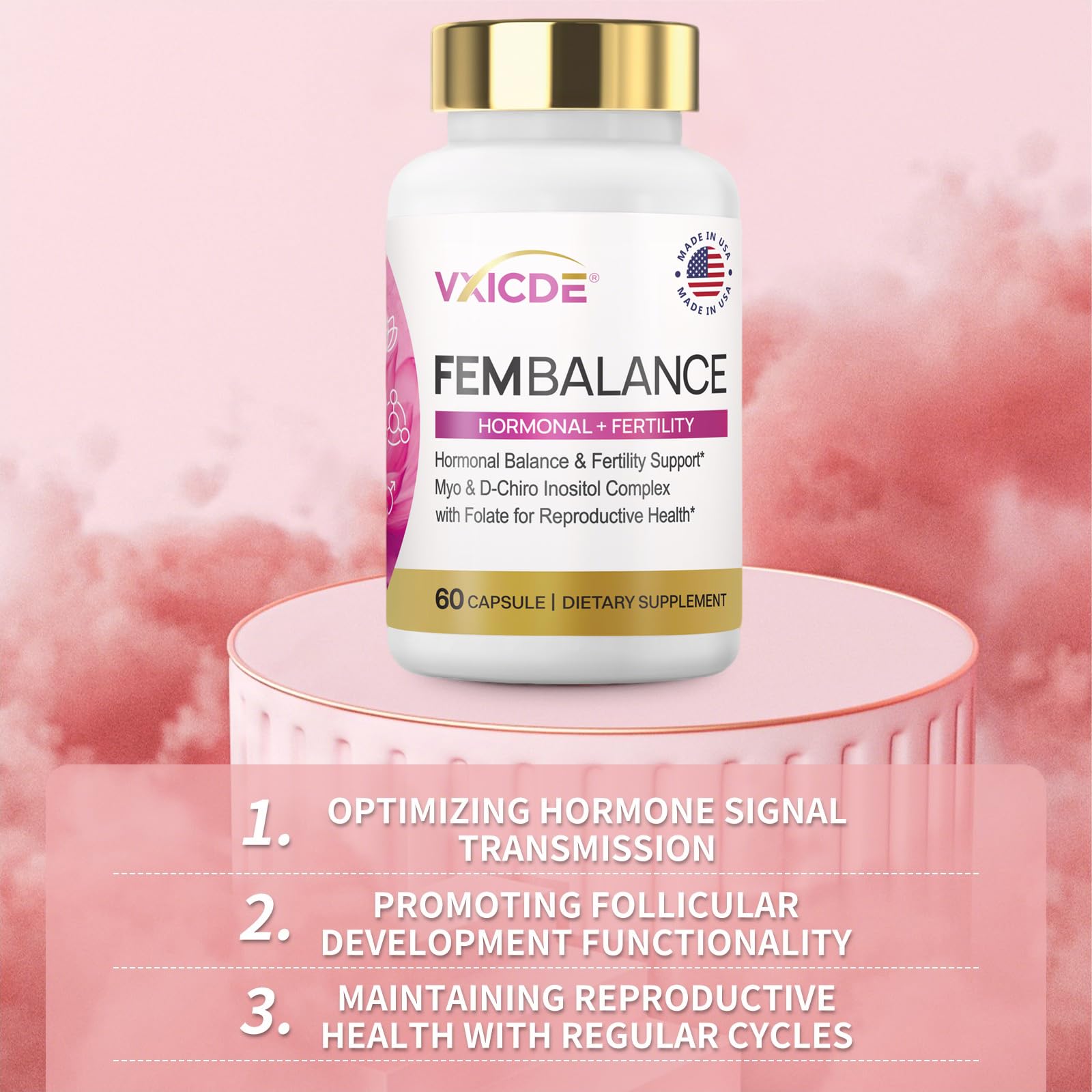 VXICDE Myo-Inositol: botella de vidrio oscuro conserva la frescura.