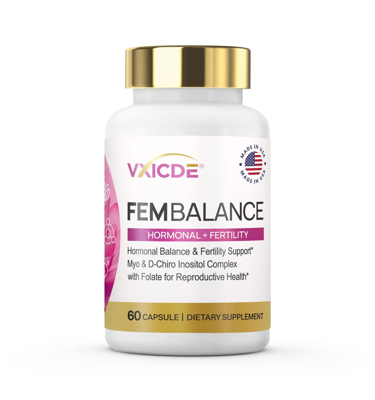 VXICDE Myo-Inositol: cápsulas en botella para equilibrio hormonal diario.