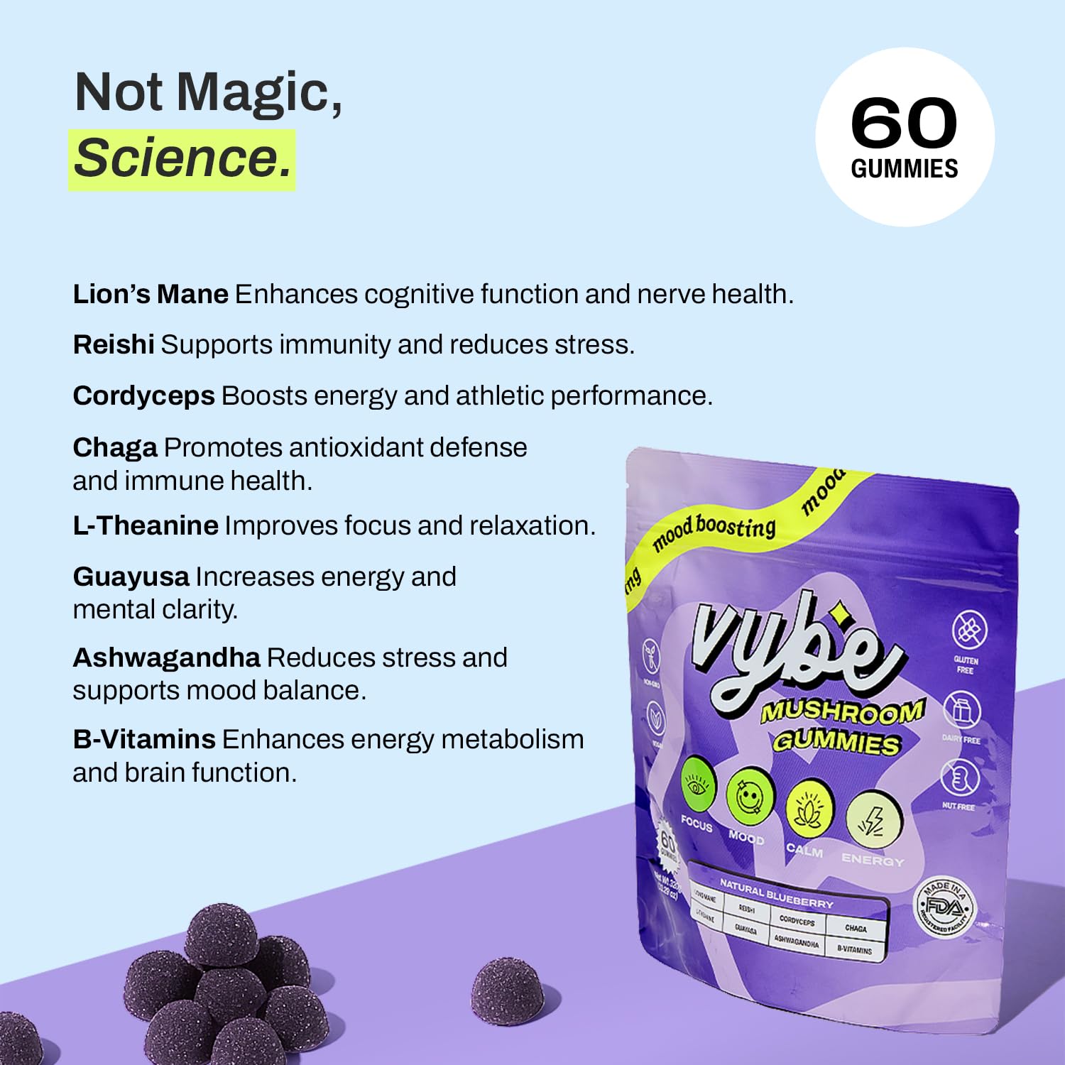 Vybe gomitas colores vibrantes reflejan sabor arándano para energía constante