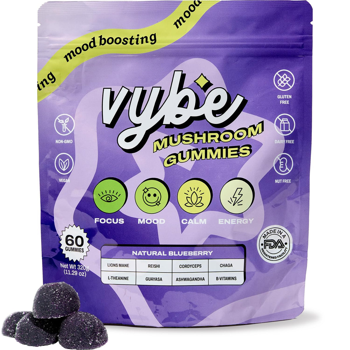 Vybe gomitas nootrópicas sabor arándano en botella para enfoque claro