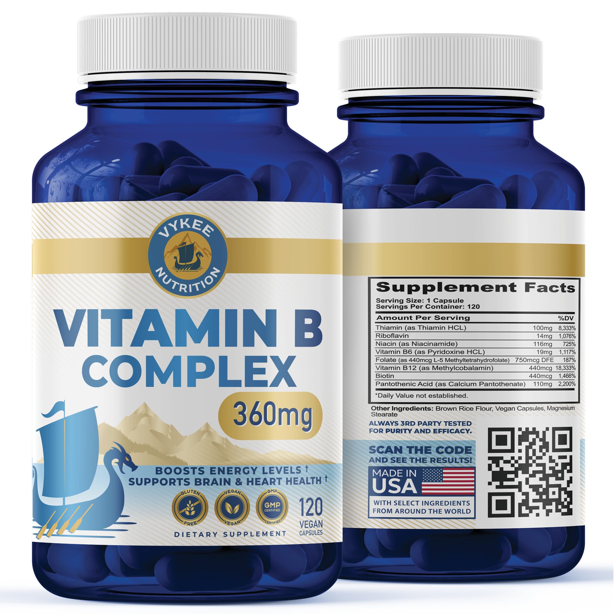 Vykee Nutrition B Complex botella, cápsulas para energía diaria.