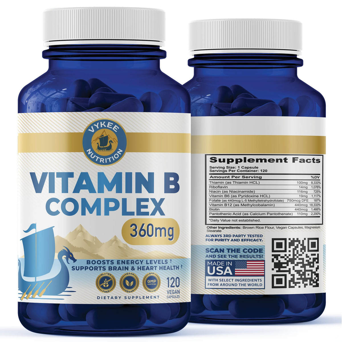 Vykee Nutrition B Complex botella, cápsulas para energía diaria.