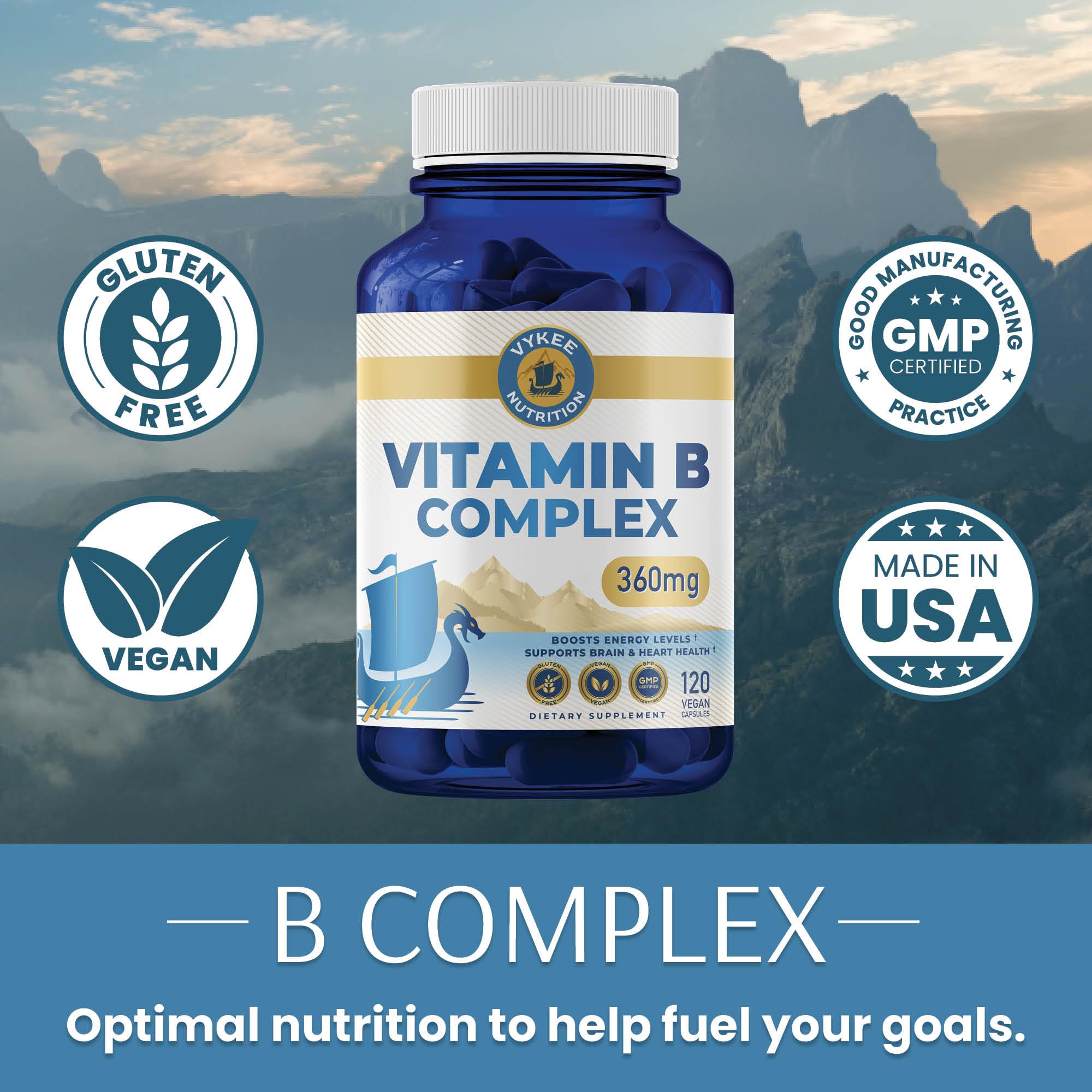 Vykee Nutrition B Complex etiqueta clara destacando ingredientes.