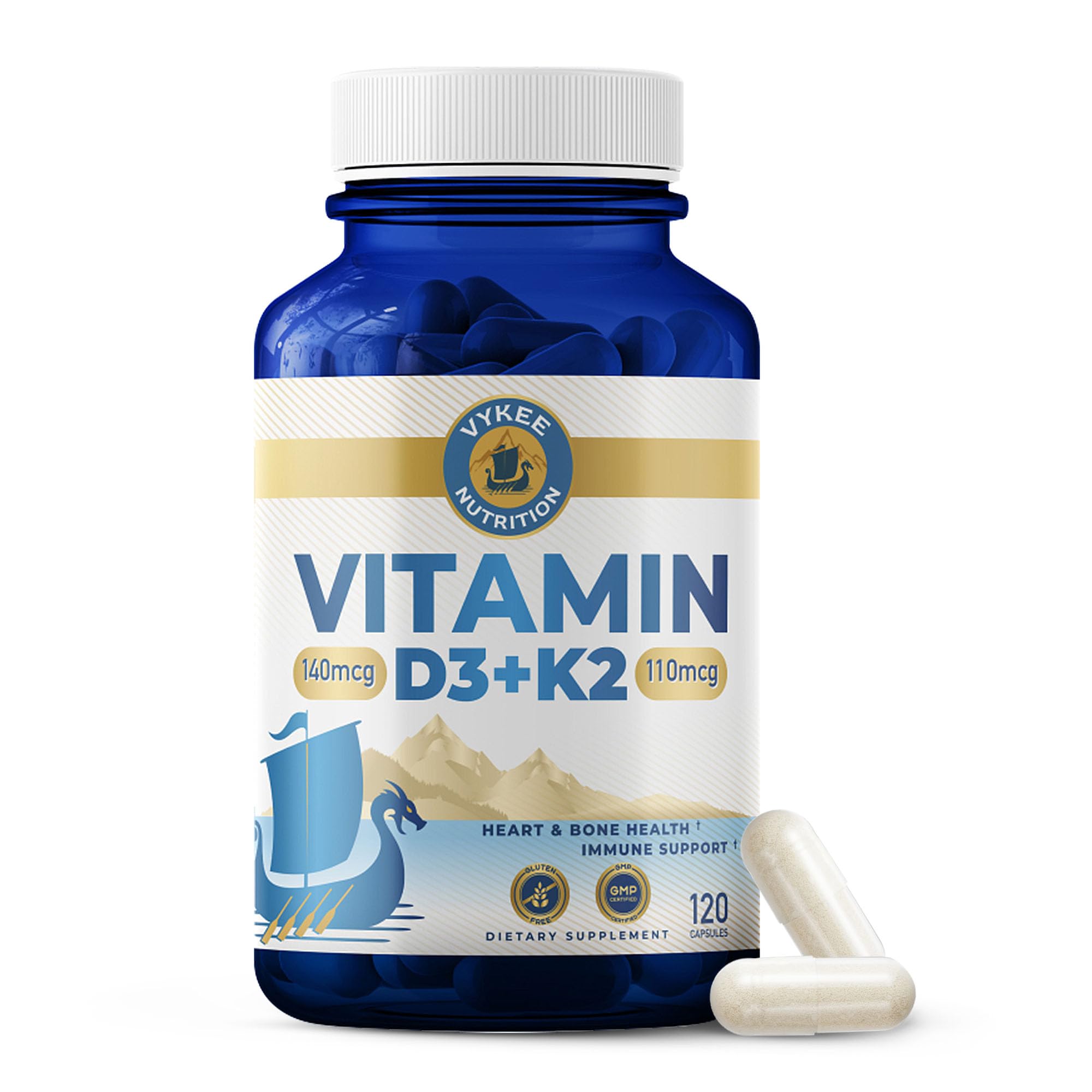 Vykee Nutrition Complejo D3 K2 - botella de cápsulas para apoyo óseo diario