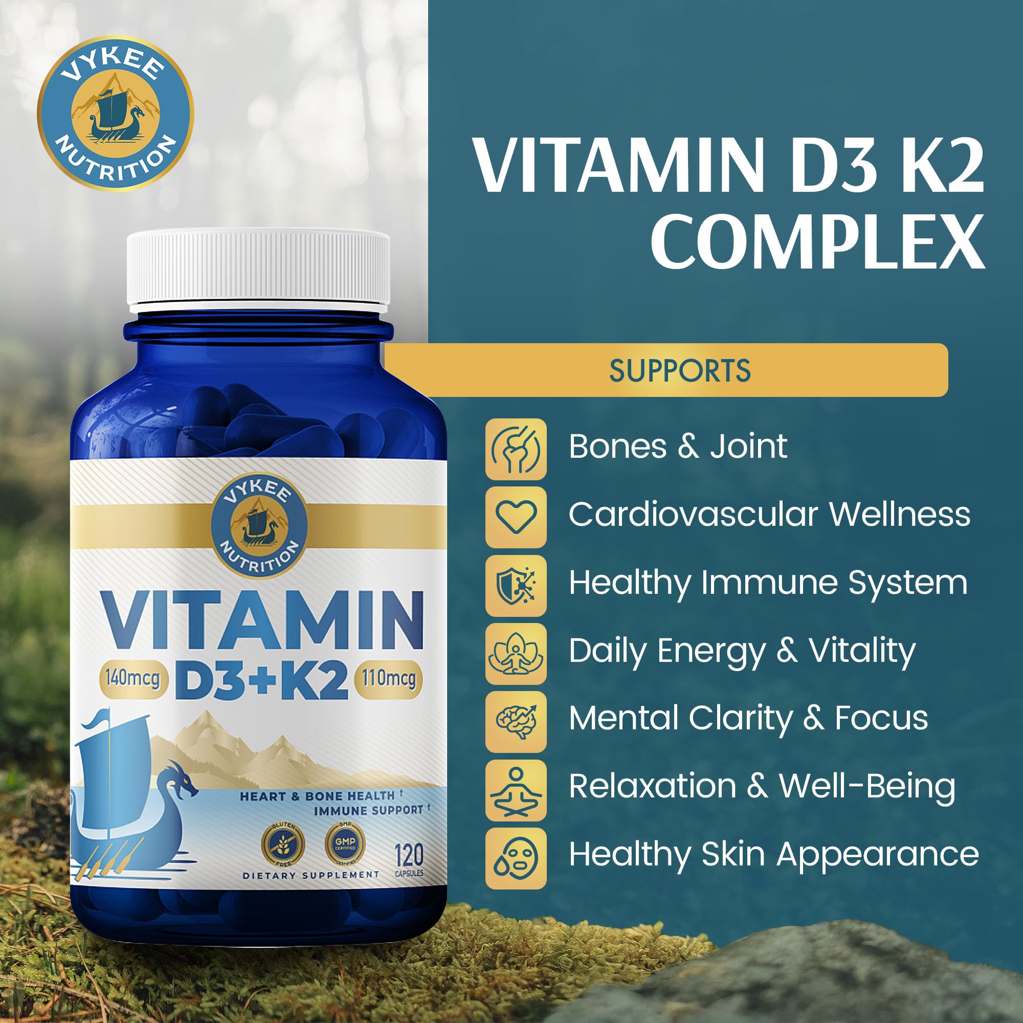 Vykee Nutrition Complejo D3 K2 - cápsulas para absorción de calcio y fortaleza ósea