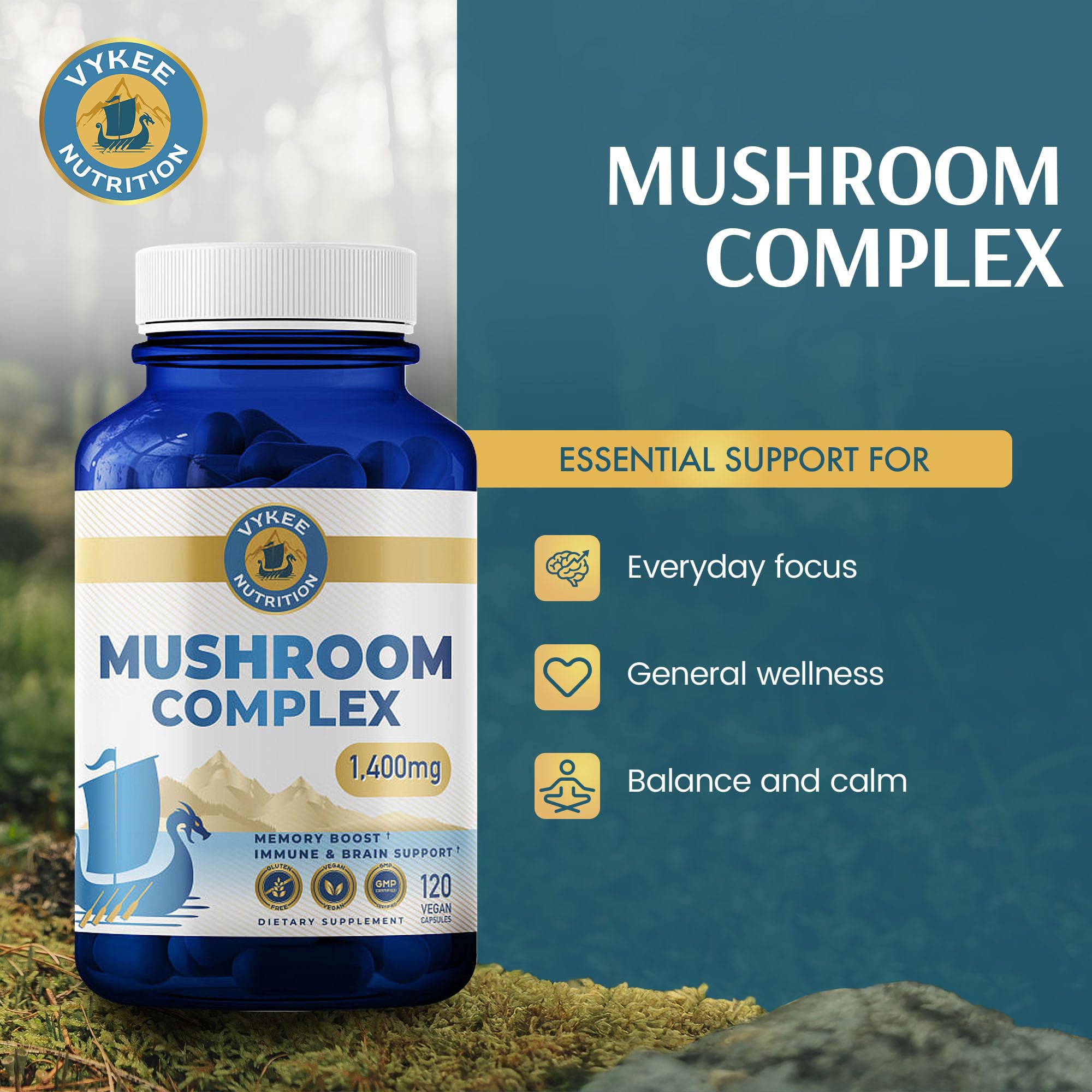 Vykee Nutrition Reishi y Cordyceps: cápsulas para apoyo inmunitario natural.