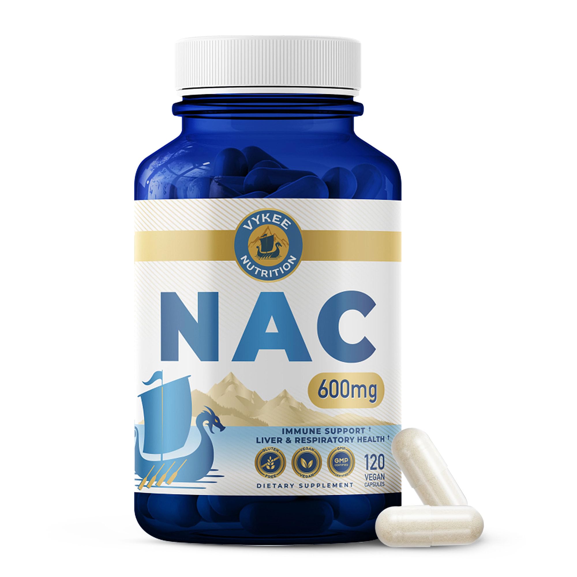 Vykee Nutrition NAC cápsulas en botella frontal: apoyo antioxidante diario.