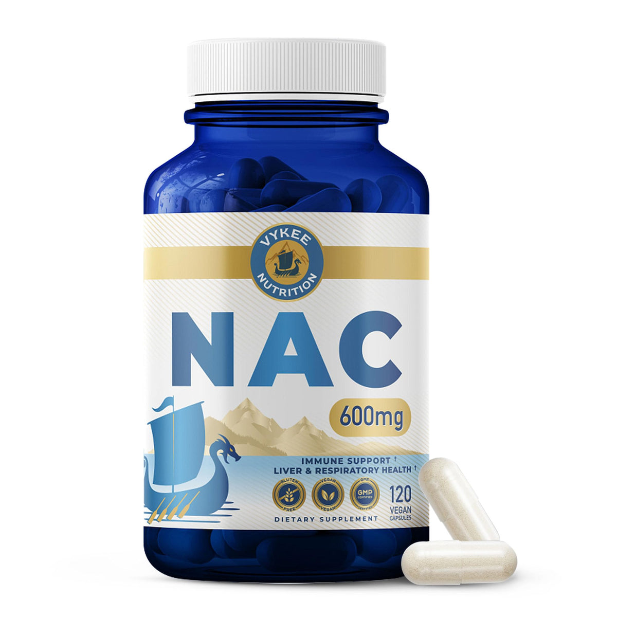 Vykee Nutrition NAC cápsulas en botella frontal: apoyo antioxidante diario.