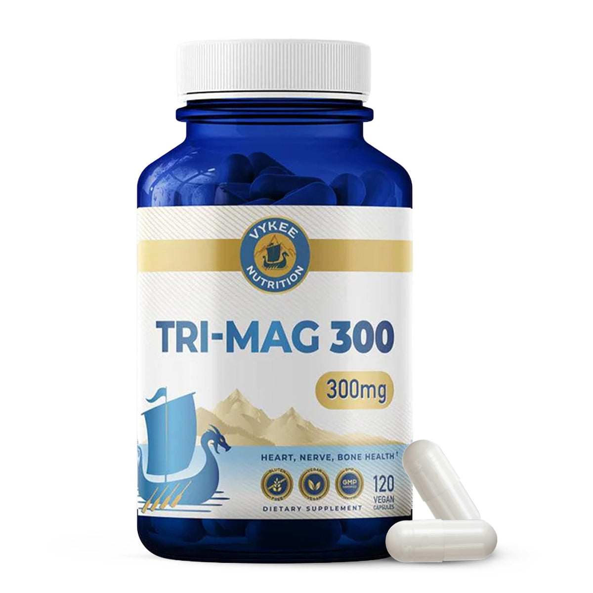 Vykee Nutrition Tri-Mag 300: bote de cápsulas para soporte de corazón y nervios.