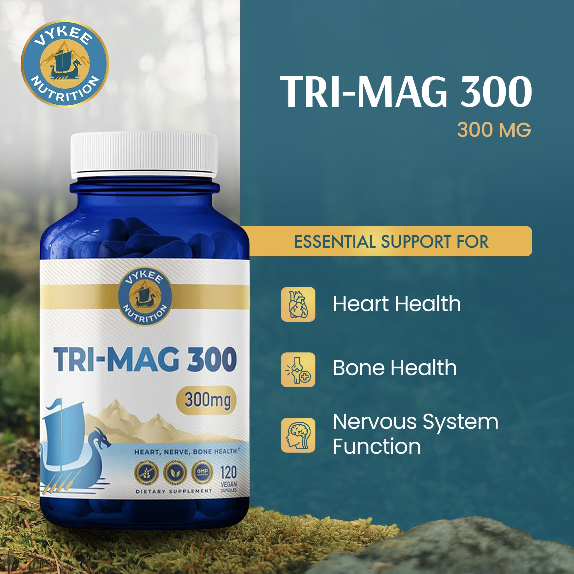 Primer plano de cápsula Tri-Mag 300, destacando la forma y tamaño para dosis diaria.