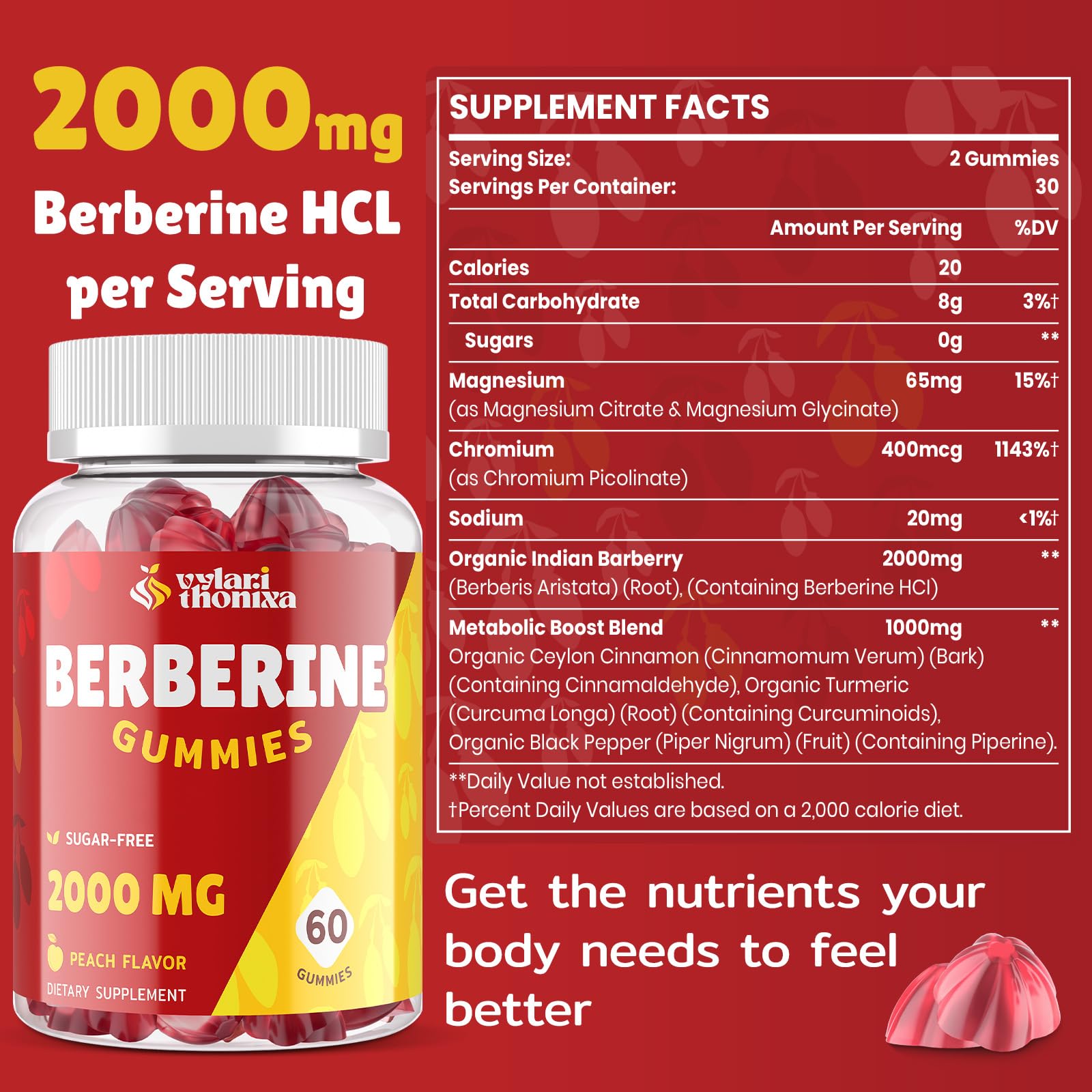 Etiqueta de Vylarithonixa Berberina 2000 mg con ingredientes clave