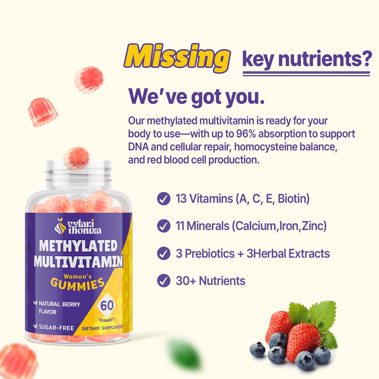 Gominolas Vylarithonixa con ingredientes naturales y prebióticos para salud intestinal.