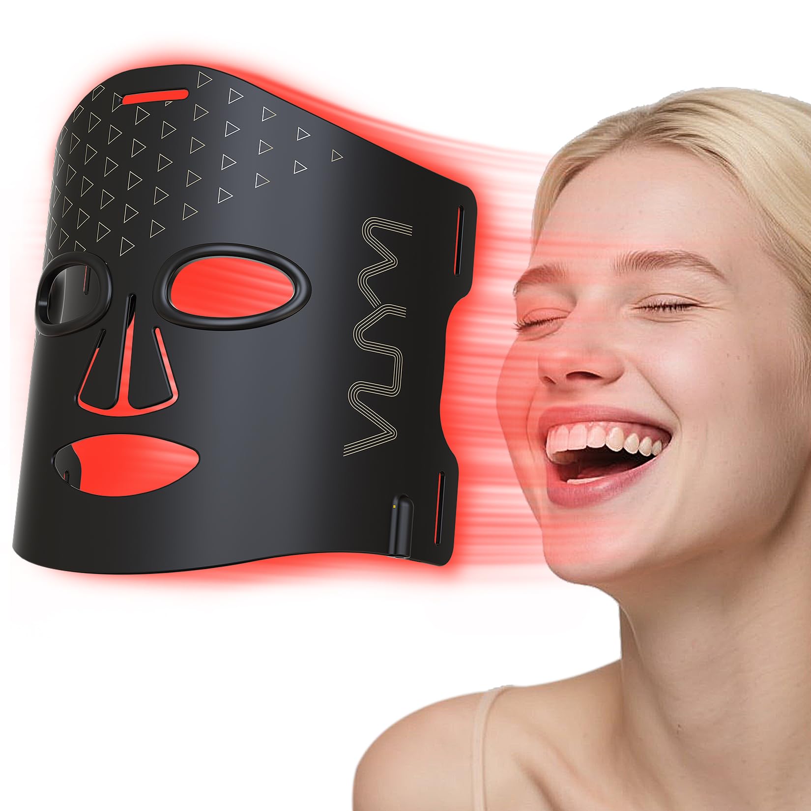 VYM mascarilla de luz roja en rostro frontal para piel más uniforme.