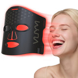 VYM mascarilla de luz roja en rostro frontal para piel más uniforme.