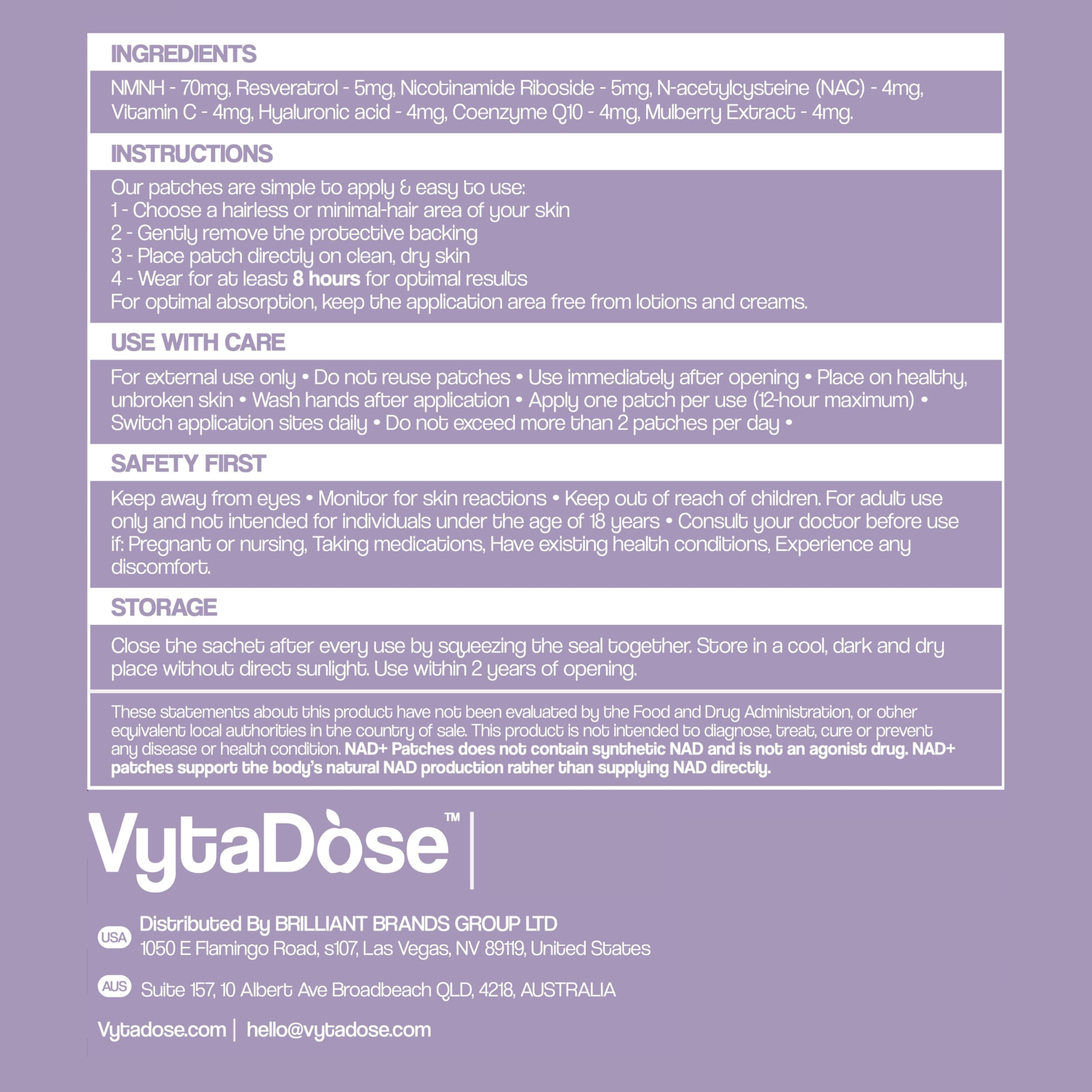 Envase del paquete de parches Vytadose NAD+ 5X para transporte diario