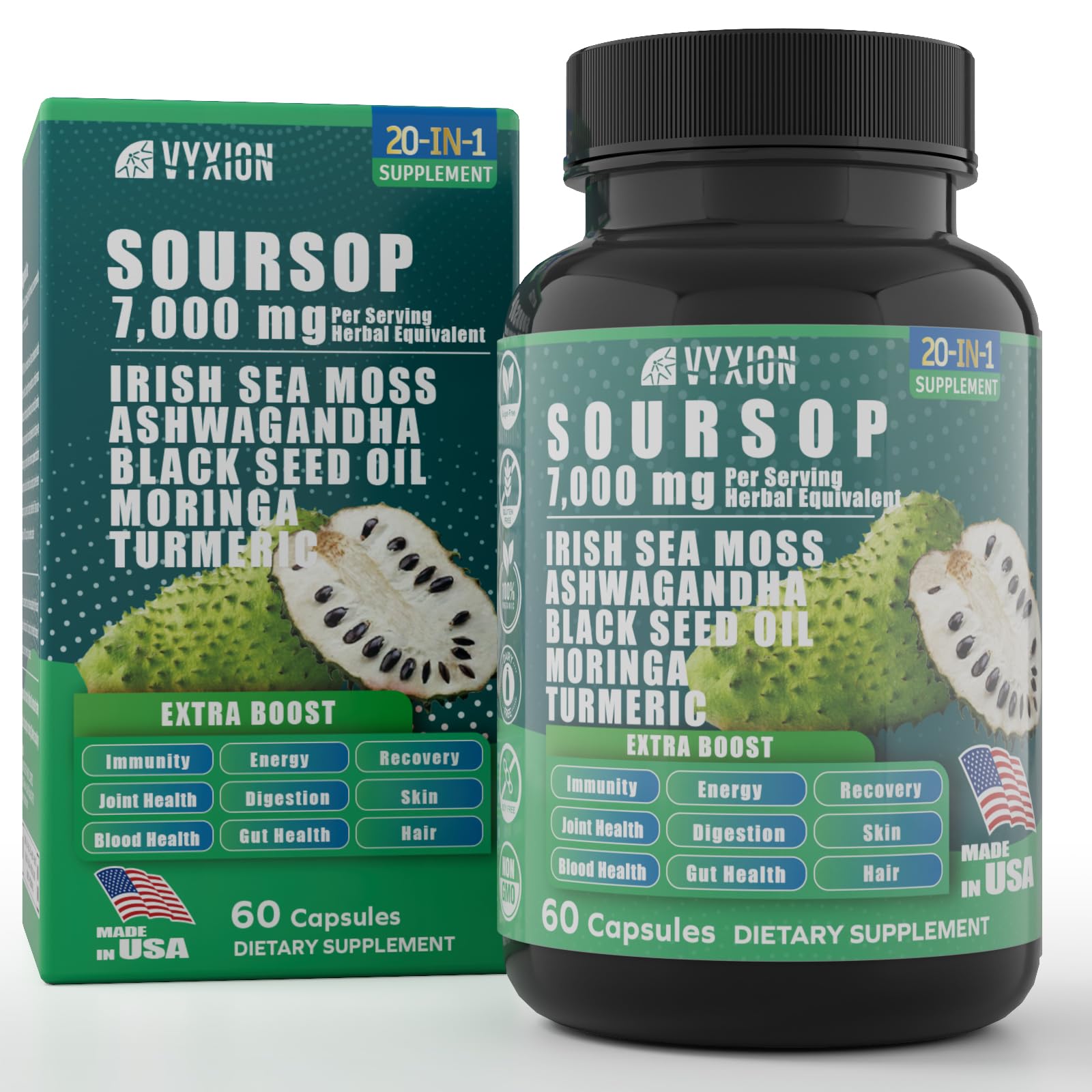 VYXION Soursop: botella con cápsulas para apoyar energía diaria.