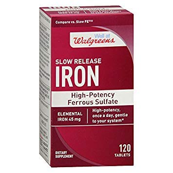 Walgreens Hierro Sulfato 45 mg, frasco de tabletas con liberación lenta.