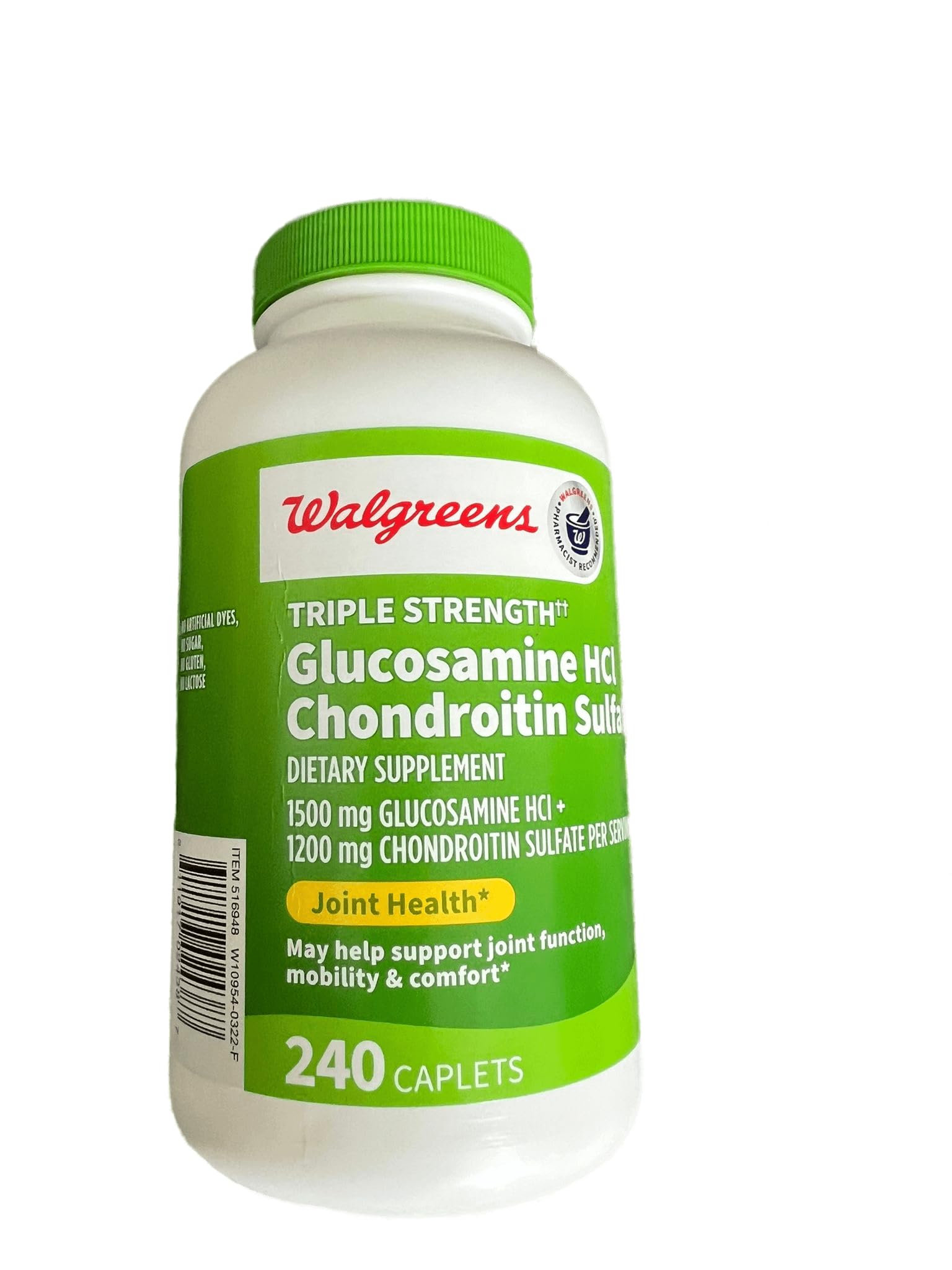 Walgreens Glucosamina Condroitina, empaque de 240 cápsulas para uso prolongado.
