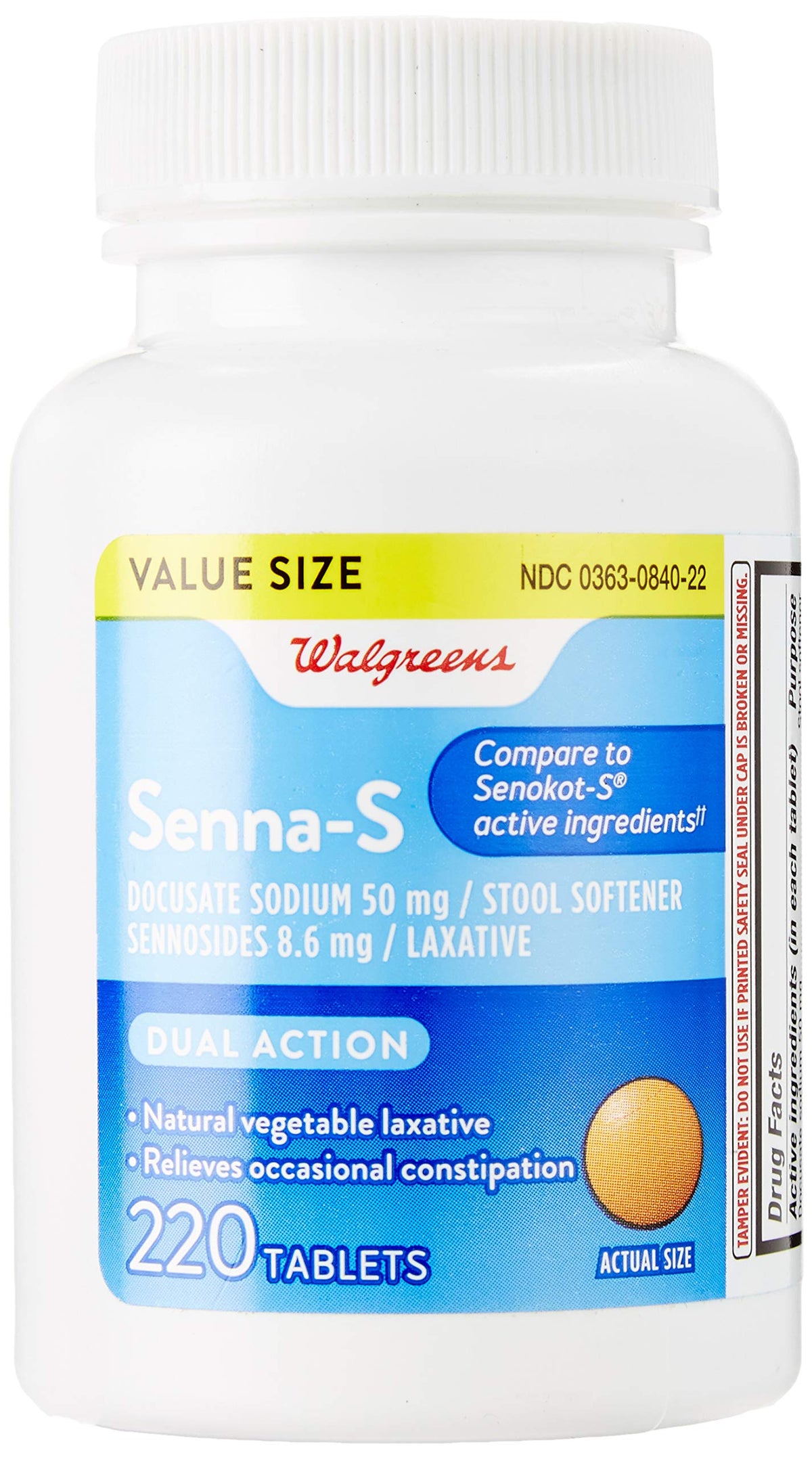 Walgreens Senna-S tabletas, caja del producto, alivio suave para uso ocasional.