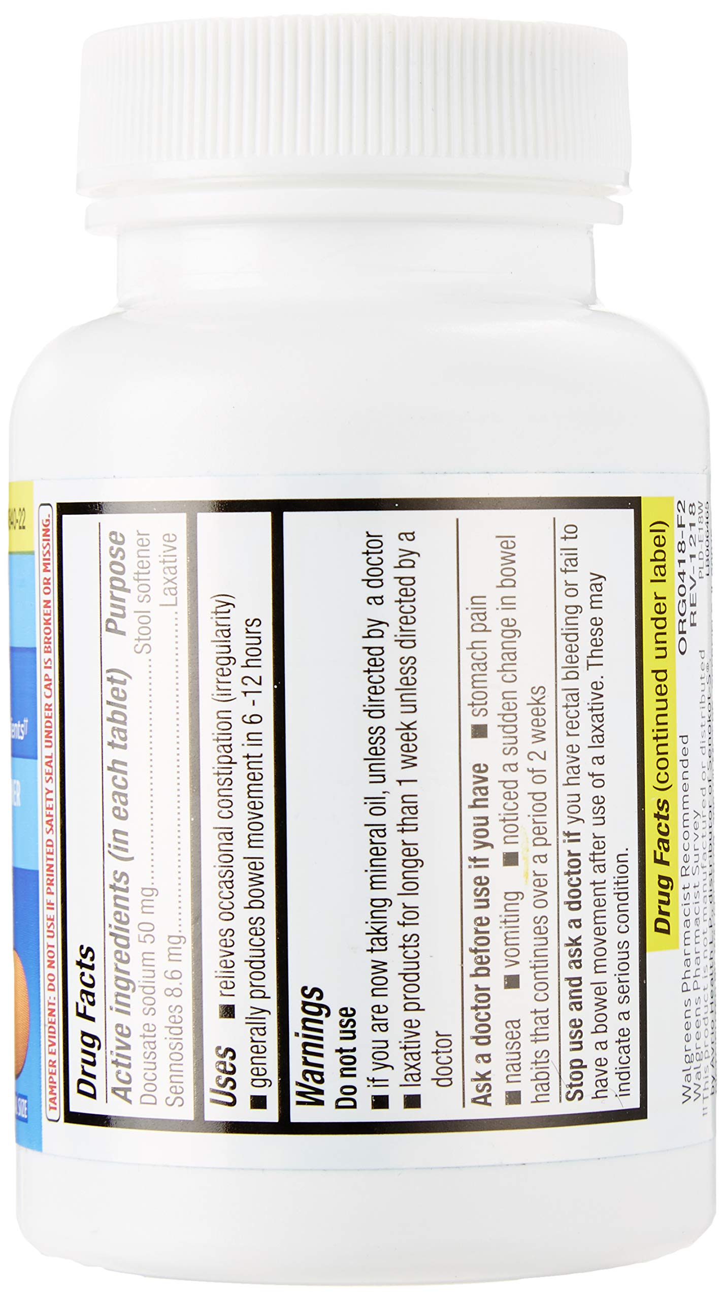 Frasco Walgreens Senna-S tabletas, etiqueta legible, alivio suave para necesidades ocasionales en casa.