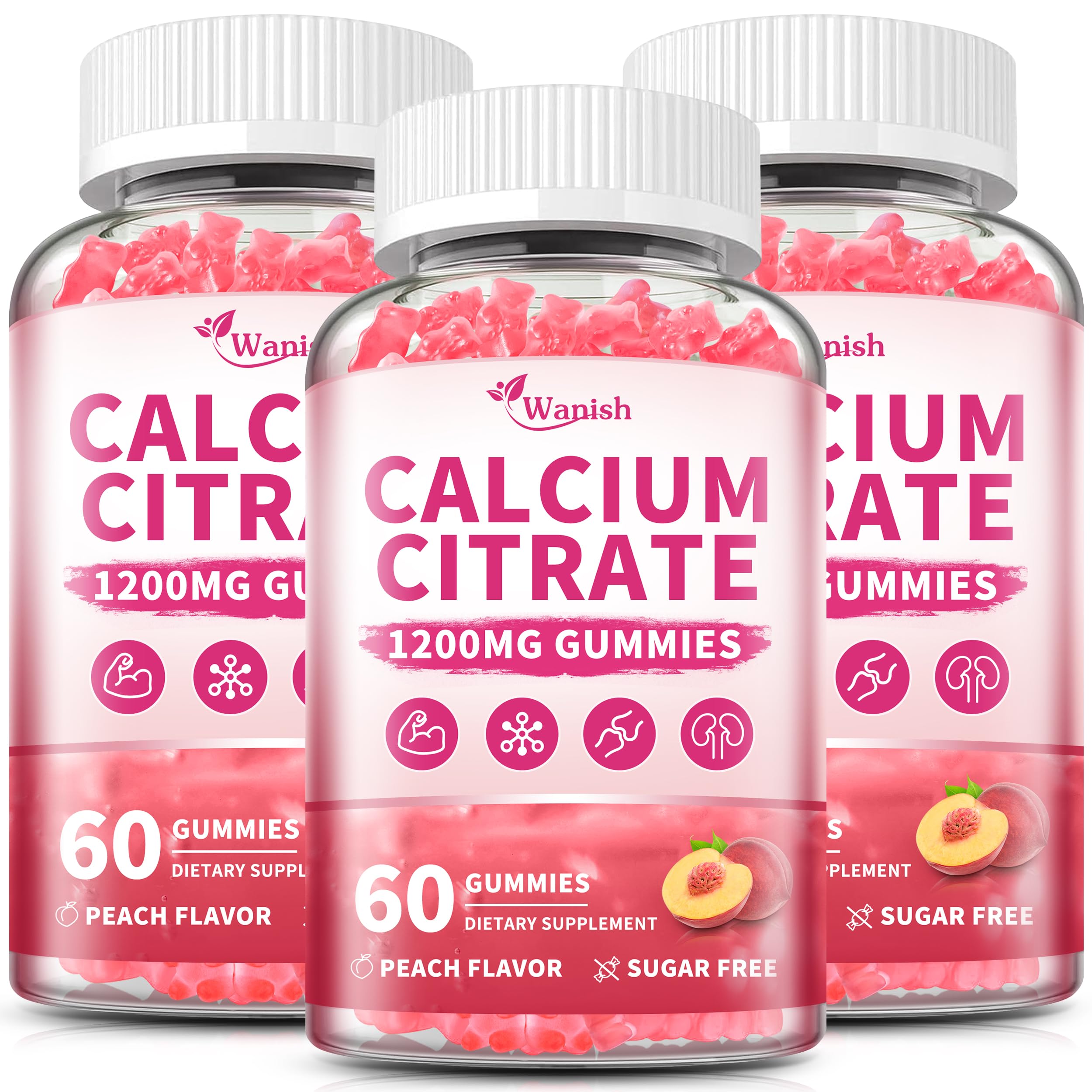 Gomitas Wanish Calcio Citrato 1200 mg en bote, absorción eficiente.