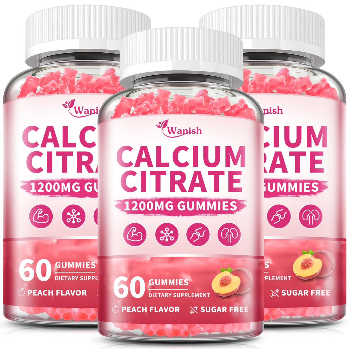 Gomitas Wanish Calcio Citrato 1200 mg en bote, absorción eficiente.