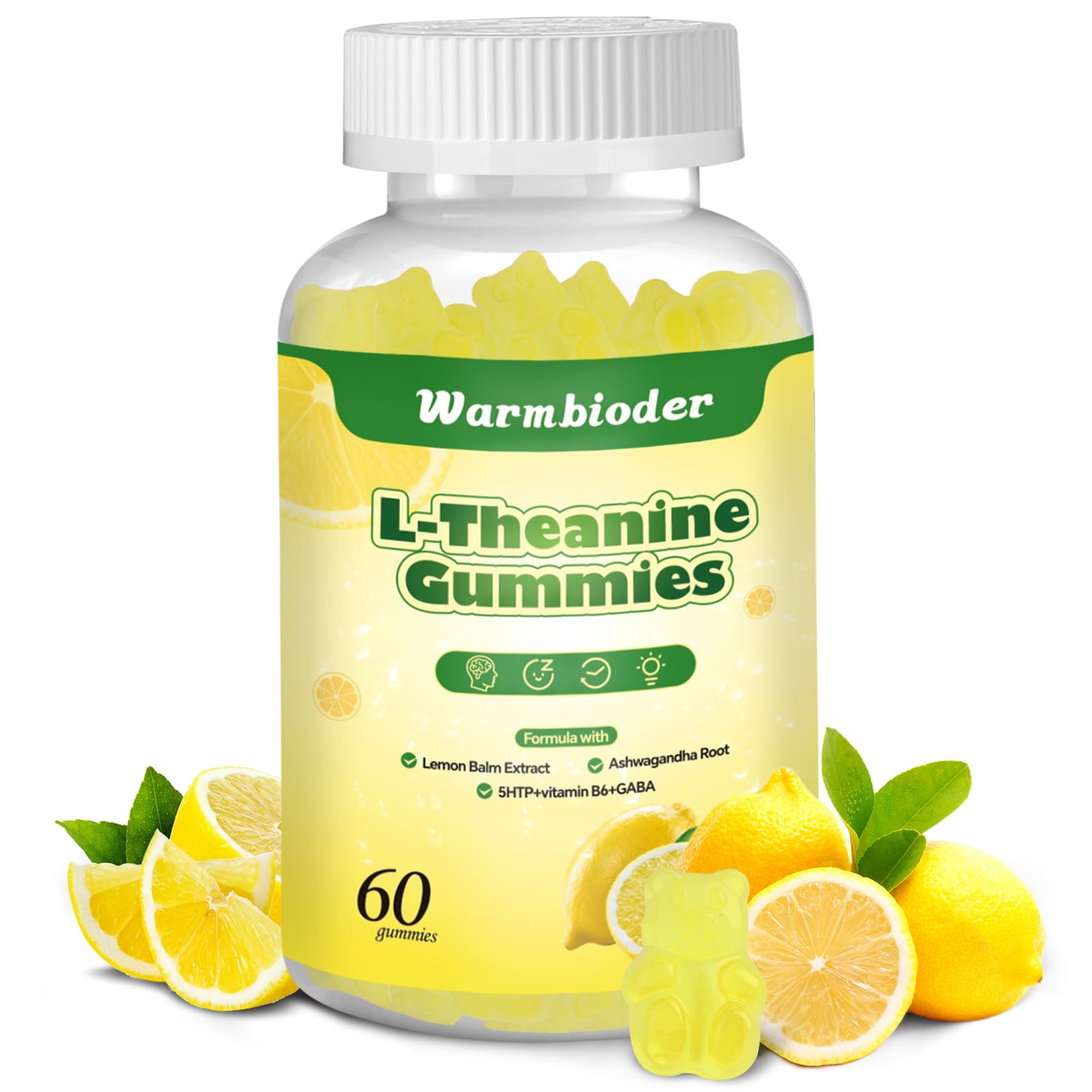 Warmbioder gominolas de L-teanina en bote, sabor limón, relajación suave.