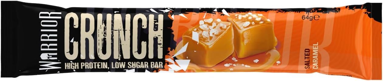 Barra Warrior Crunch cubierta de chocolate y caramelo, snack alto en proteína