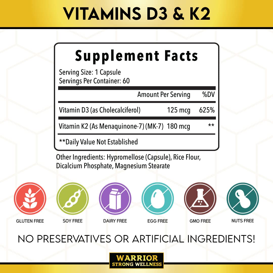 Warrior Strong Wellness, bote D3-K2, dosis diaria para salud ósea y vascular.