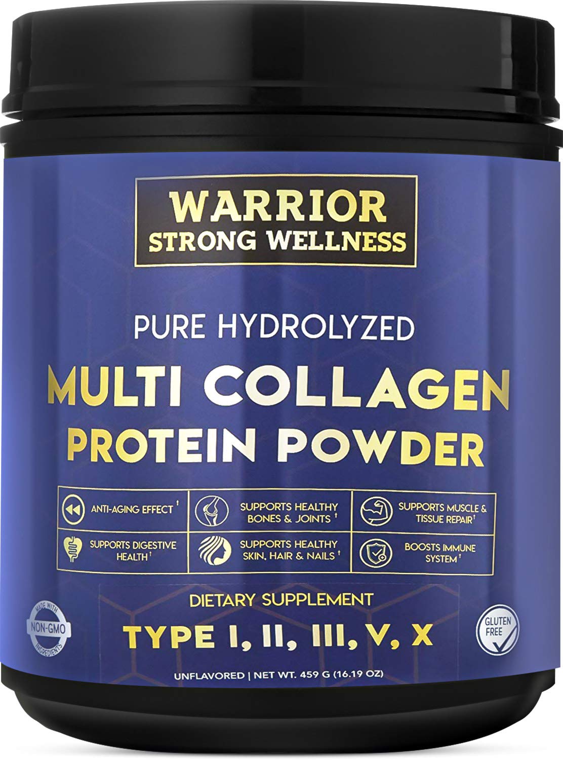 Proteína de colágeno hidrolizado Warrior Strong Wellness en envase; ideal para uso diario.