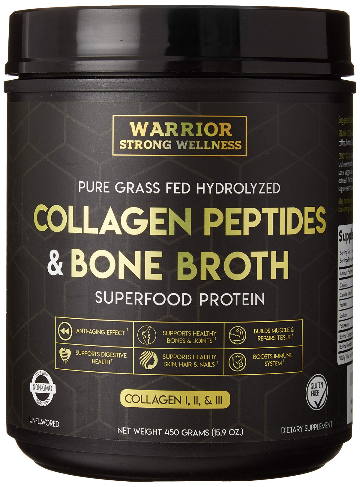 Warrior Strong Wellness polvo colágeno y caldo de hueso sin sabor para batidos.