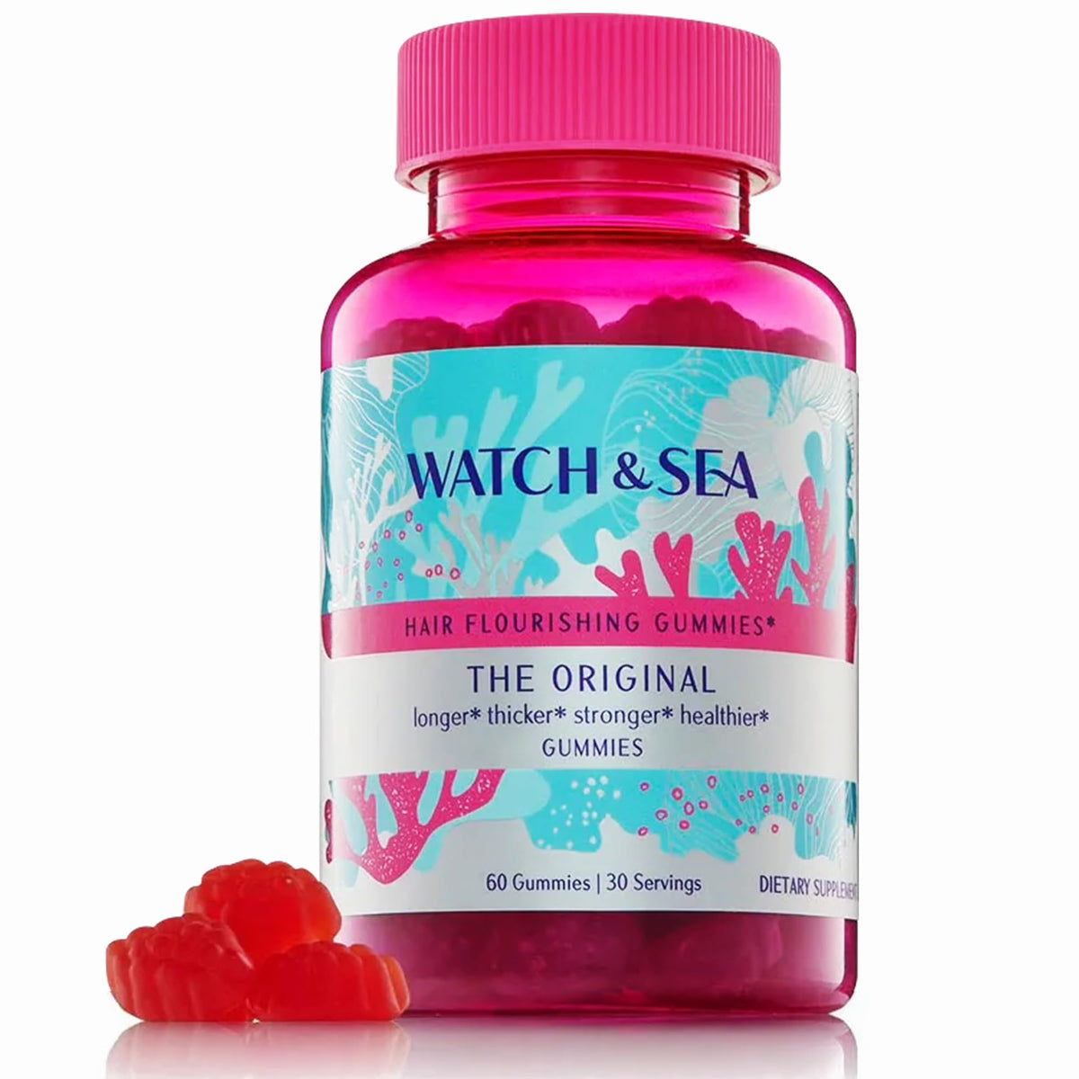 WATCH & SEA gominolas para cabello en envase, nutren desde adentro para cabellos más fuertes.