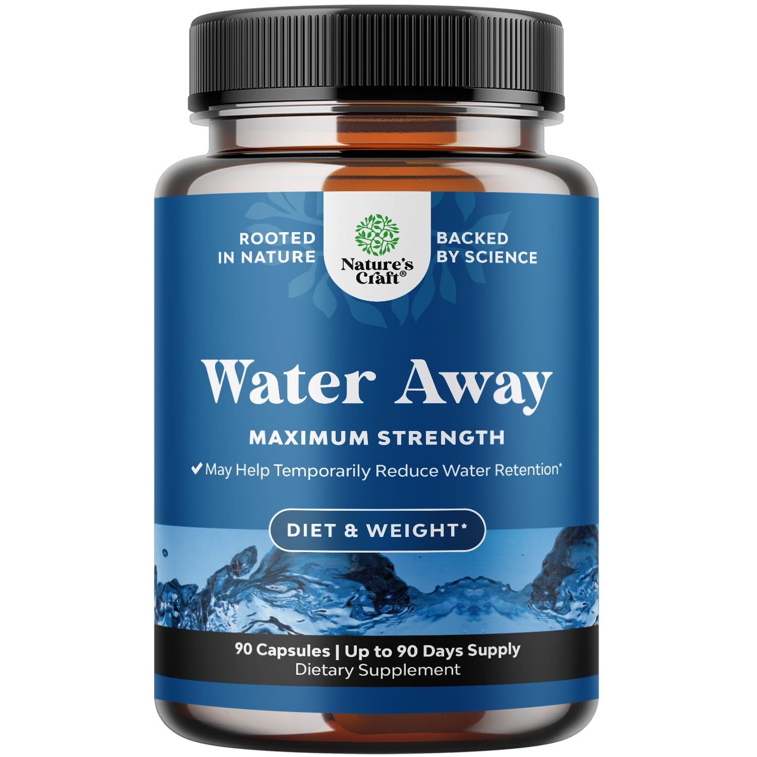 Water Away: etiqueta frontal de la caja que resalta la retención de líquidos para mayor comodidad.