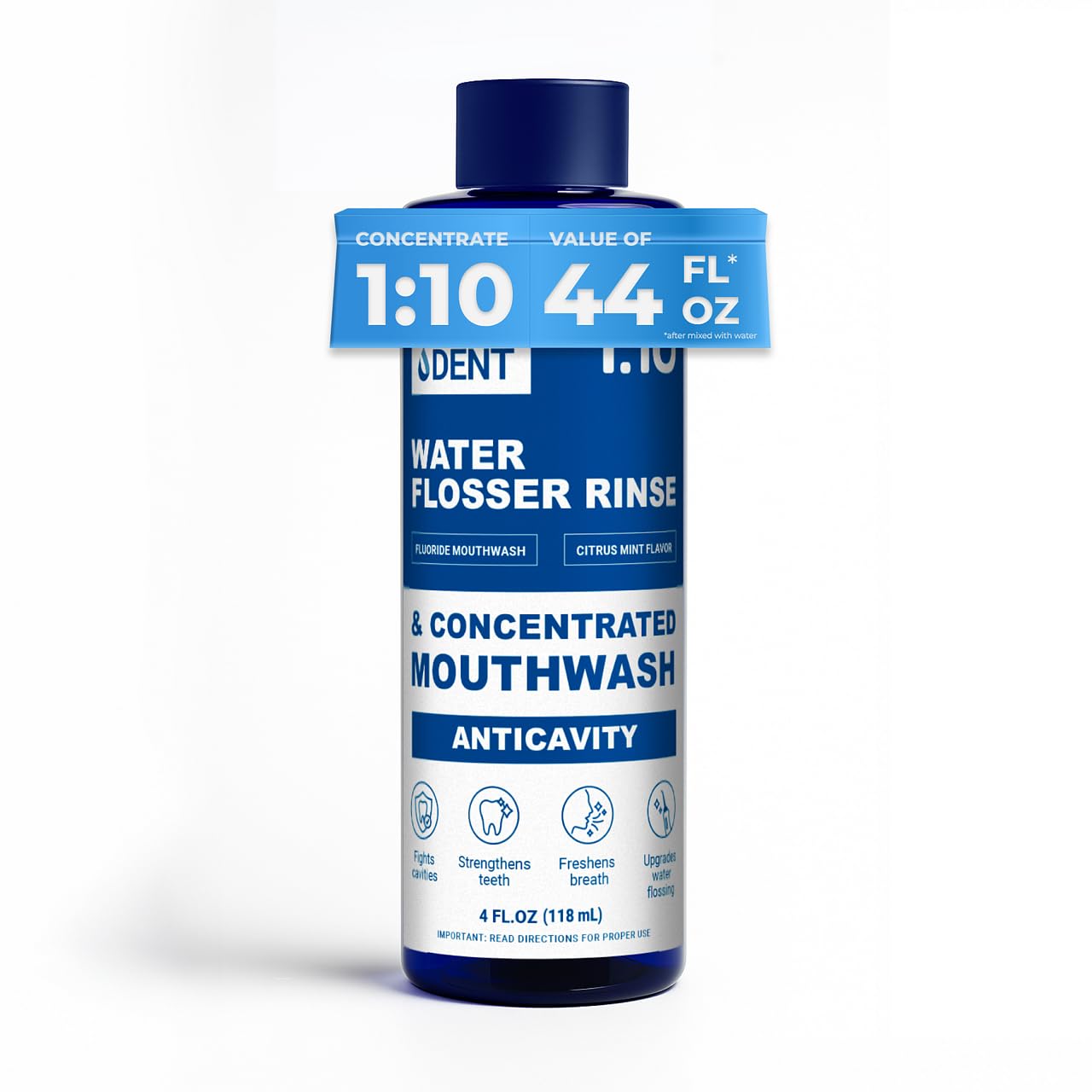 Water DENT aditivo para irrigador bucal con sabor cítrico-menta para limpieza fresca.