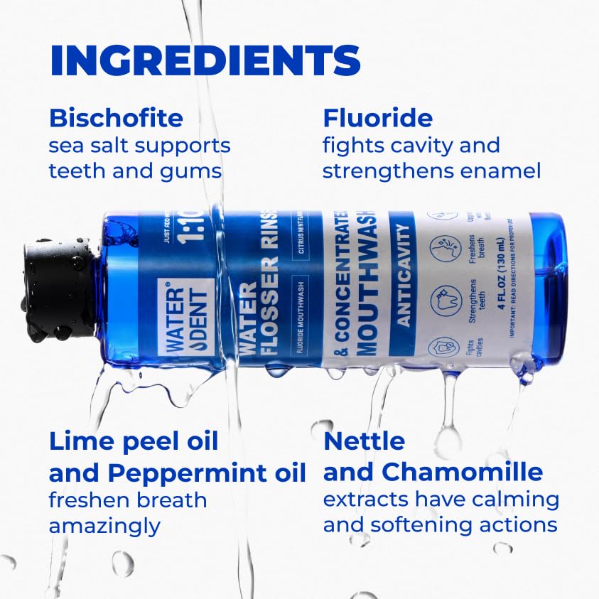 Water DENT enjuague fluorurado concentrado para irrigador bucal, protege esmalte y aliento.