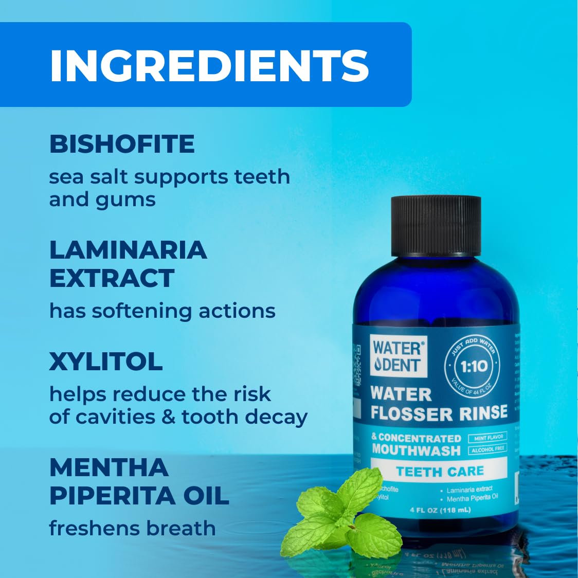 Water DENT, ingredientes clave: bischofite y xilitol para cuidado bucal