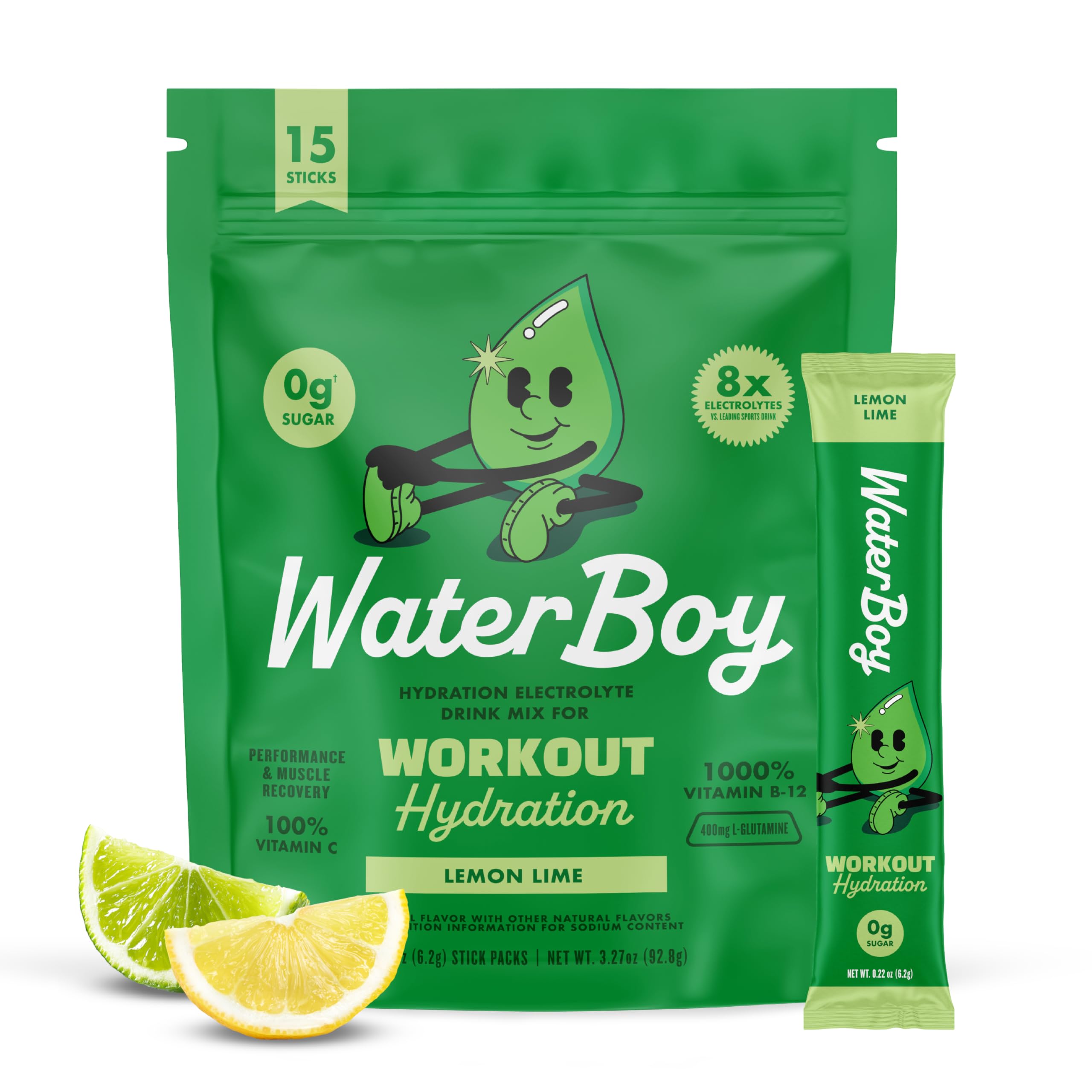 Waterboy hidratación para entrenamiento, paquete limón-lima con etiqueta detallada.