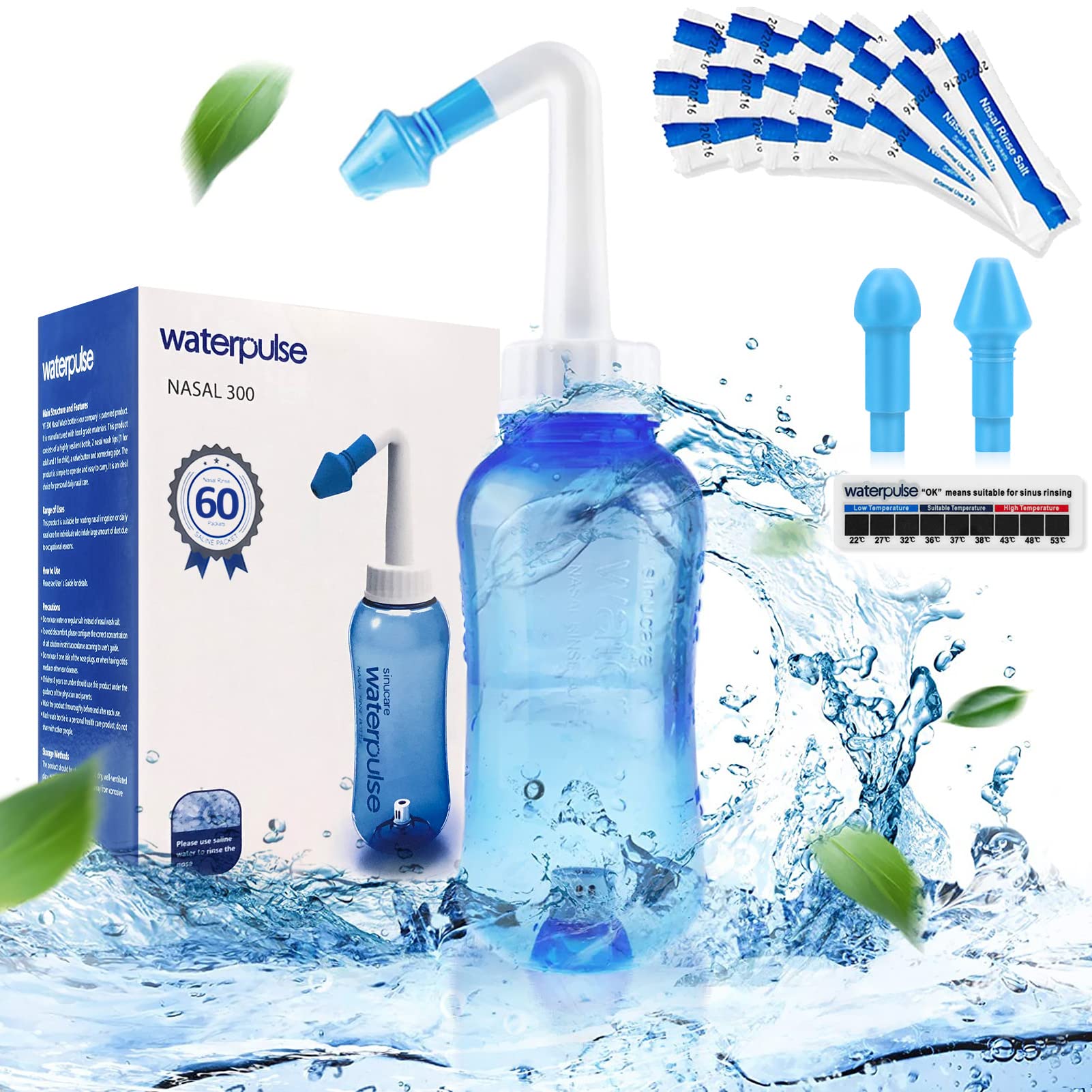 Waterpulse Neti Pot, botella de lavado nasal 300 ml, ideal para uso diario