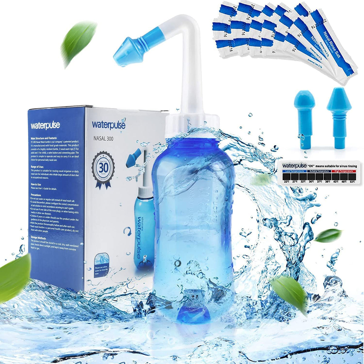 Waterpulse Neti Pot azul, 300 ml, lavado nasal cómodo.
