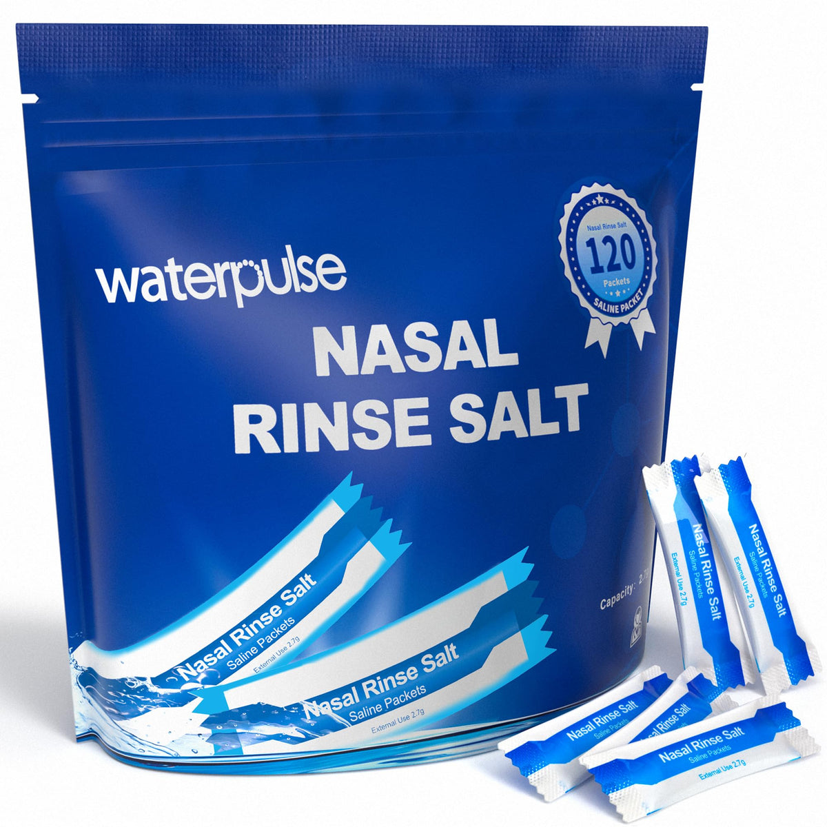 Waterpulse: paquetes salinos 120 para vaso Neti, fácil de llevar.