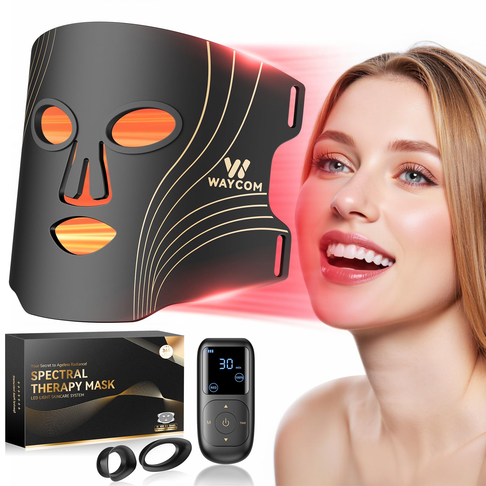 WAYCOM máscara de luz roja para rostro con cobertura total y energía suave.